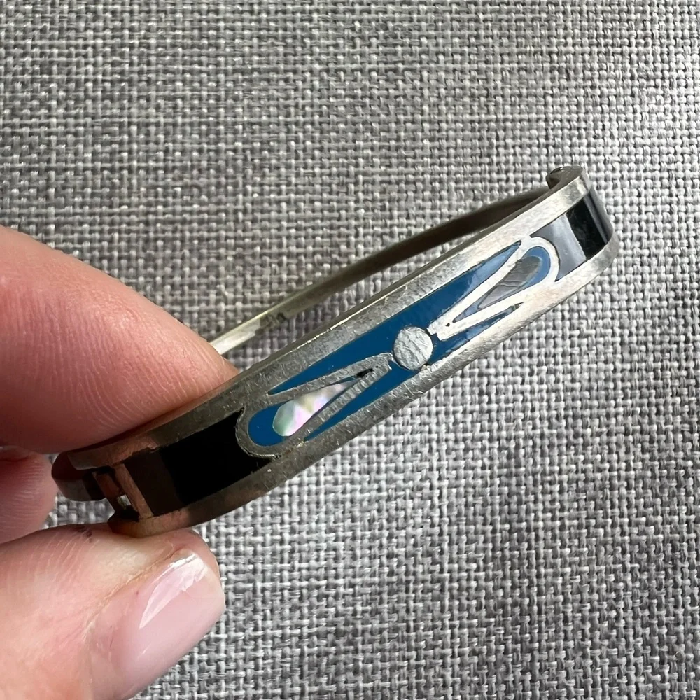 Vintage Sterling Silver and Blue and Black Enamel Inlay Bracelet